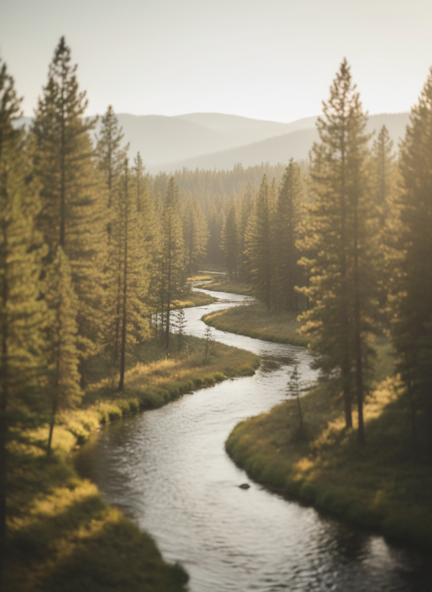 Landscape photo of a tranquil river running through a pine forest at golden hour, soft focus, minimalist and professional, neutral calming palette, suitable for a therapy contact page background