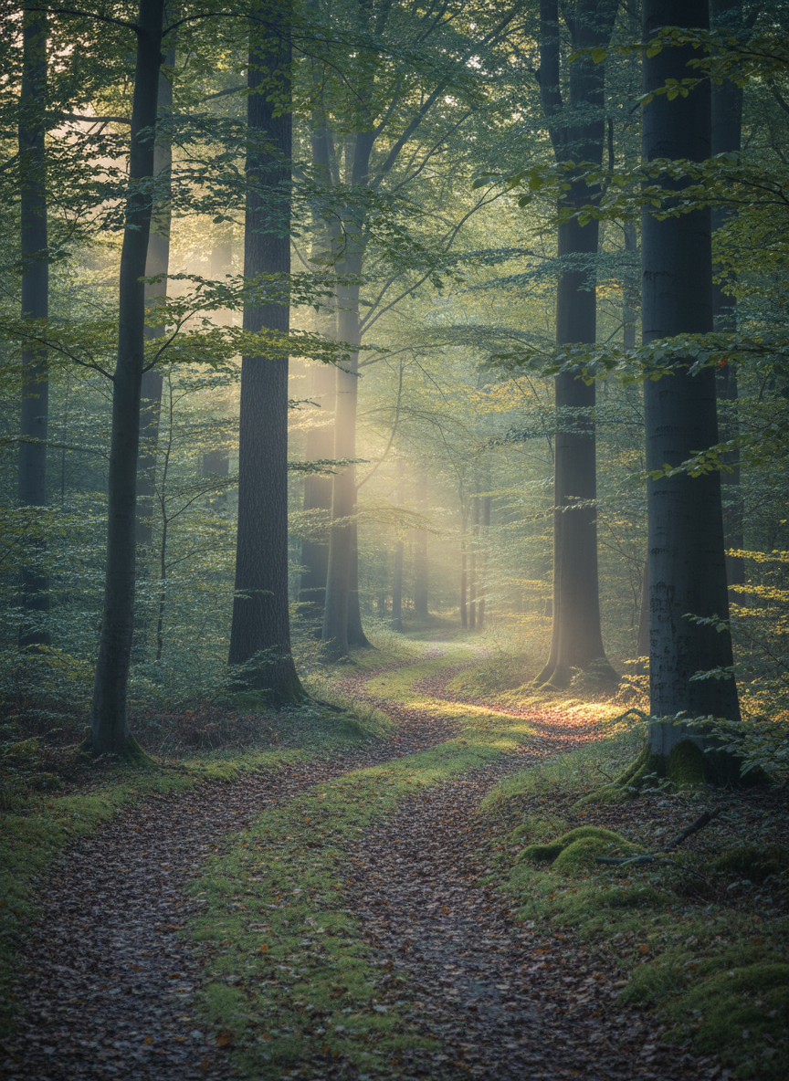 Landscape image of a calm forest path with soft morning light, neutral professional tones, minimalist composition, suitable as a background image for a trauma-informed therapy website about page