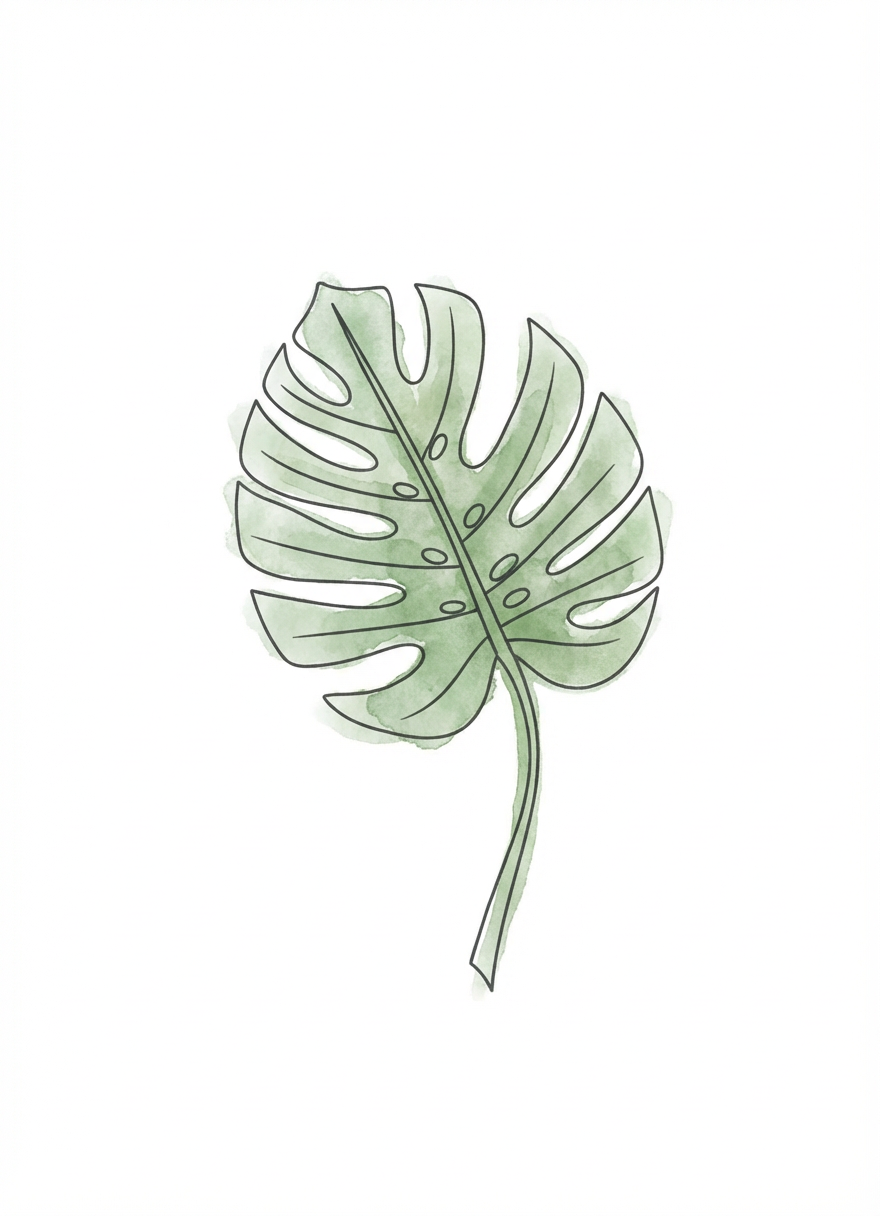 simple, minimal line drawing of a single monstera leaf on a light, neutral background, calm and professional style suitable for a therapy website